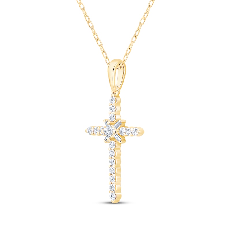 Main Image 2 of Princess, Baguette & Round-Cut Diamond Sunburst Cross Necklace 1/3 ct tw 10K Yellow Gold 18"