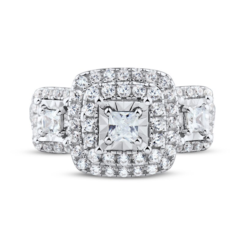 Main Image 3 of Adore Princess-Cut Diamond Three-Stone Halo Engagement Ring 1 ct tw 10K White Gold