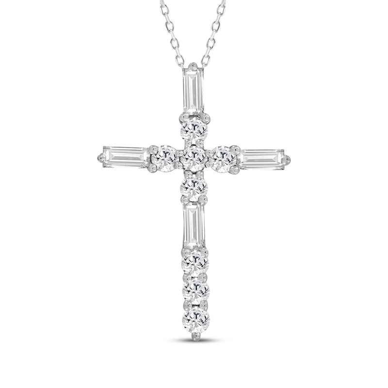 Main Image 1 of Baguette & Round-Cut Diamond Cross Necklace 1/4 ct tw 10K White Gold 18"