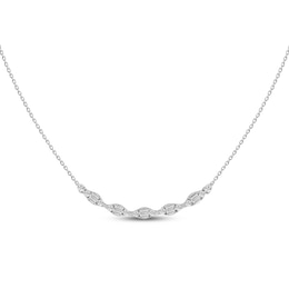 Round & Baguette-Cut Diamond Curved Bar Necklace 1/5 ct tw 10K White Gold