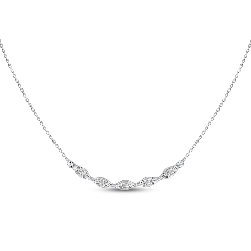 Main Image 1 of Round & Baguette-Cut Diamond Curved Bar Necklace 1/5 ct tw 10K White Gold