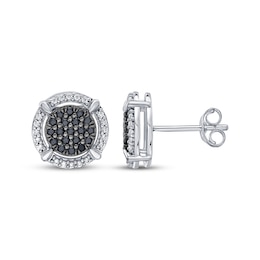 Men's Black & White Multi-Diamond Halo Stud Earrings 1/2 ct tw Sterling Silver