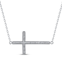 Diamond Sideways Cross Necklace 1/10 ct tw Sterling Silver 18"