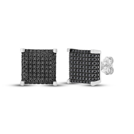 Men's Black Multi-Diamond Square Stud Earrings 1 ct tw Sterling Silver