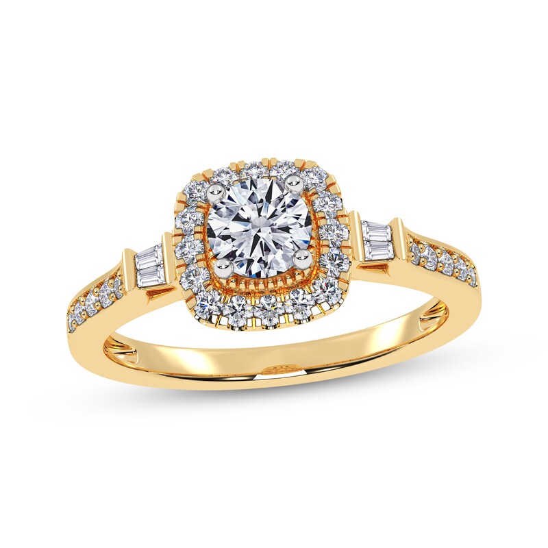 Main Image 1 of Adore Round-Cut Diamond Cushion Halo Engagement Ring 1/2 ct tw 14K Yellow Gold
