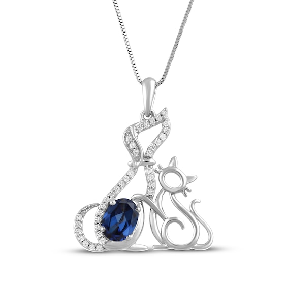 Oval-Cut Blue Lab-Created Sapphire & White Lab-Created Sapphire Cat & Dog Necklace Sterling Silver 18"