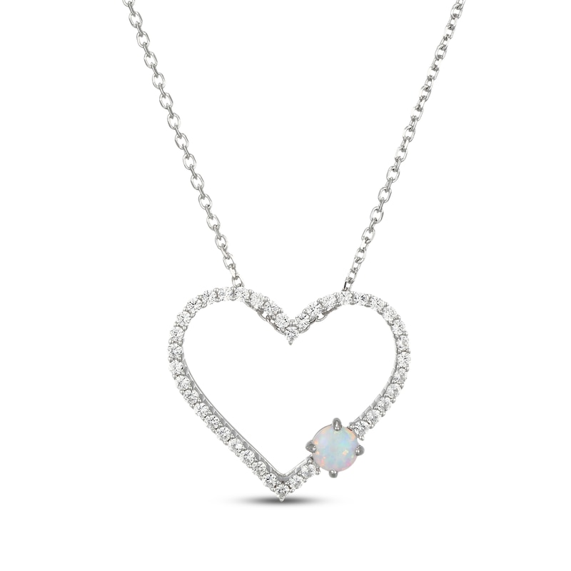 Main Image 1 of Lab-Created Opal & White Lab-Created Sapphire Heart Necklace Sterling Silver 18"