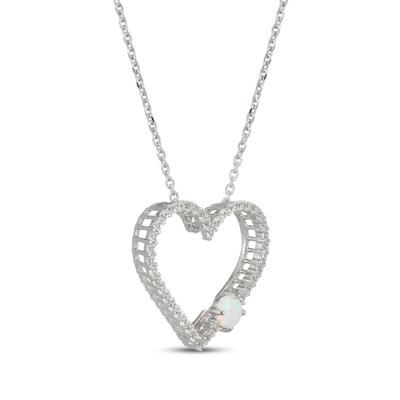 Main Image 2 of Lab-Created Opal & White Lab-Created Sapphire Heart Necklace Sterling Silver 18"