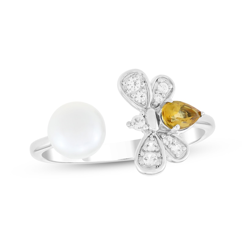 Main Image 1 of Pear-Shaped Citrine, Cultured Pearl & White Lab-Created Sapphire Ring Sterling Silver