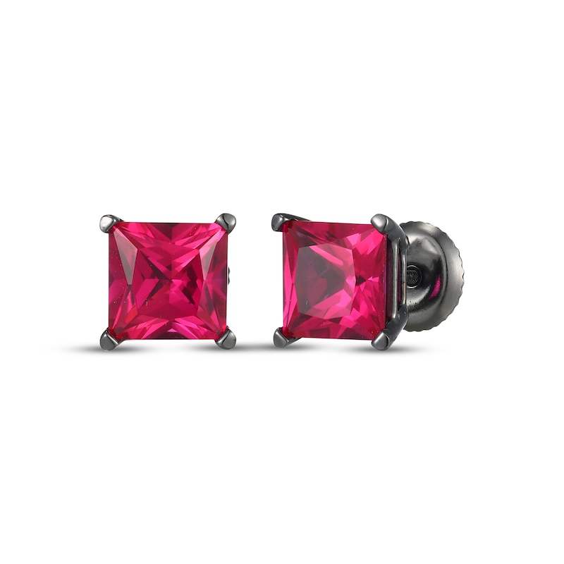 Main Image 1 of Men's Square-Cut Lab-Created Ruby Solitaire Stud Earrings Matte Gunmetal-Plated Sterling Silver