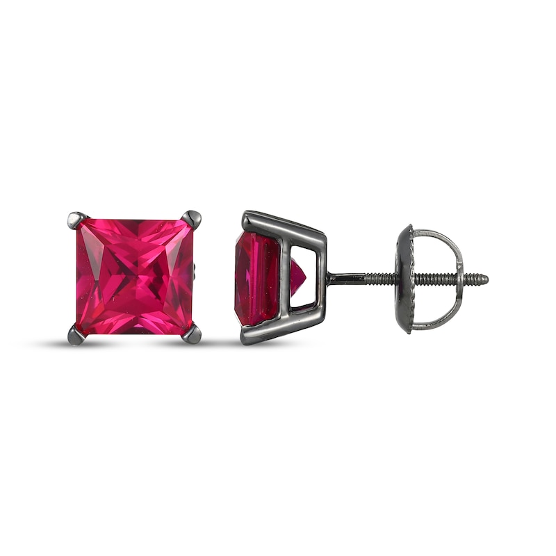 Main Image 3 of Men's Square-Cut Lab-Created Ruby Solitaire Stud Earrings Matte Gunmetal-Plated Sterling Silver