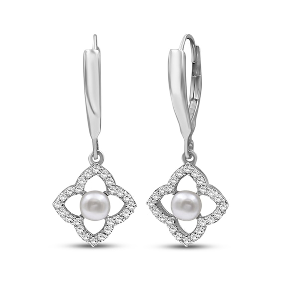 Cultured Pearl & White Lab-Created Sapphire Flower Frame Dangle Earrings Sterling Silver