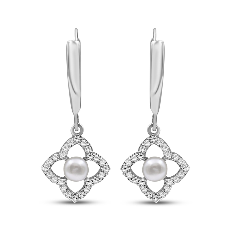 Main Image 2 of Cultured Pearl & White Lab-Created Sapphire Flower Frame Dangle Earrings Sterling Silver