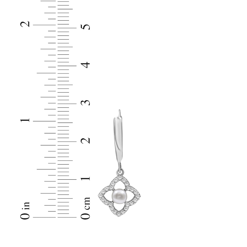 Main Image 4 of Cultured Pearl & White Lab-Created Sapphire Flower Frame Dangle Earrings Sterling Silver