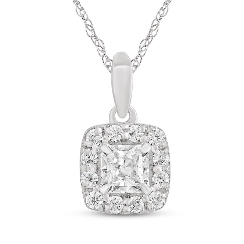 Main Image 1 of Princess-Cut Diamond Halo Necklace 1/2 ct tw 10K White Gold 18"