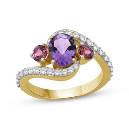 Oval-Cut Amethyst, Pink Topaz & Diamond Ring 1/2 ct tw 10K Yellow Gold