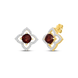 Cushion-Cut Garnet & Diamond Stud Earrings 1/6 ct tw 10K Yellow Gold