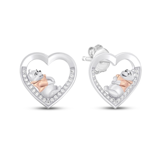 Winnie the Pooh Diamond Heart Stud Earrings 1/10 ct tw Sterling Silver & 10K Rose Gold
