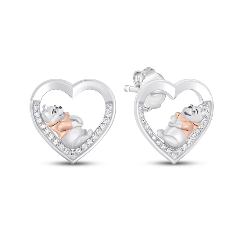 Main Image 1 of Winnie the Pooh Diamond Heart Stud Earrings 1/10 ct tw Sterling Silver & 10K Rose Gold