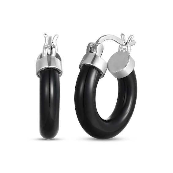18mm Black Chalcedony Hoop Earrings Sterling Silver