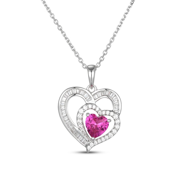 Heart-Shaped Pink Lab-Created Sapphire & White Lab-Created Sapphire Triple Heart Necklace Sterling Silver 18"
