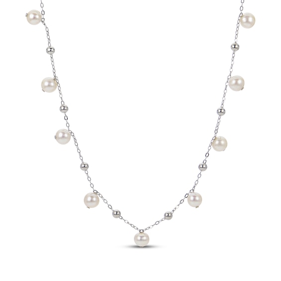 Cultured Pearl Dangle & Bead Station Necklace Sterling Silver 18"