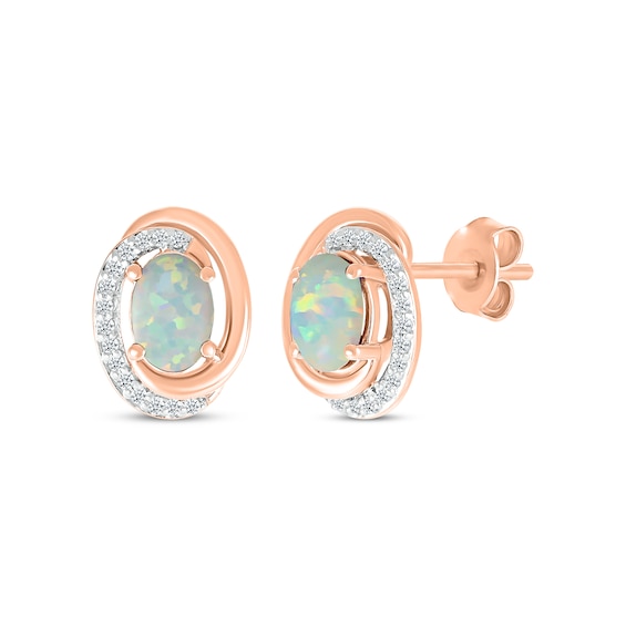 Oval-Cut Lab-Created Opal & Diamond Swirl Stud Earrings 1/15 ct tw 10K Rose Gold