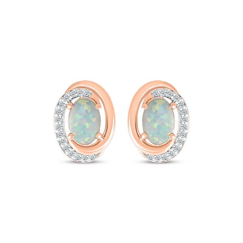 Main Image 2 of Oval-Cut Lab-Created Opal & Diamond Swirl Stud Earrings 1/15 ct tw 10K Rose Gold