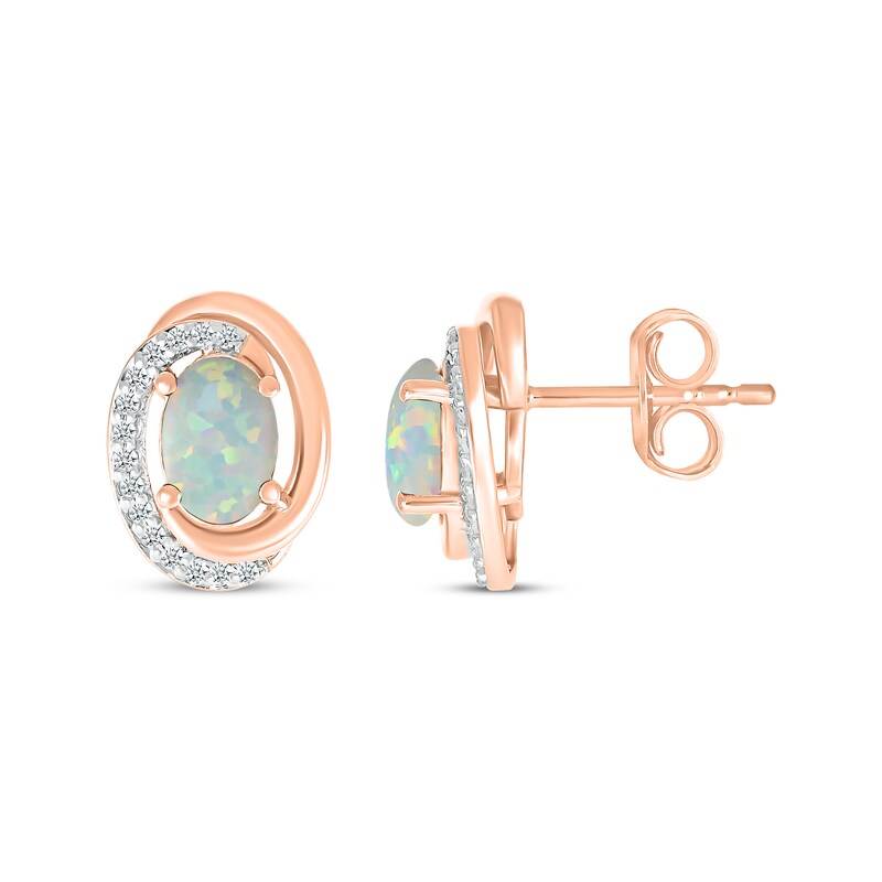 Main Image 3 of Oval-Cut Lab-Created Opal & Diamond Swirl Stud Earrings 1/15 ct tw 10K Rose Gold