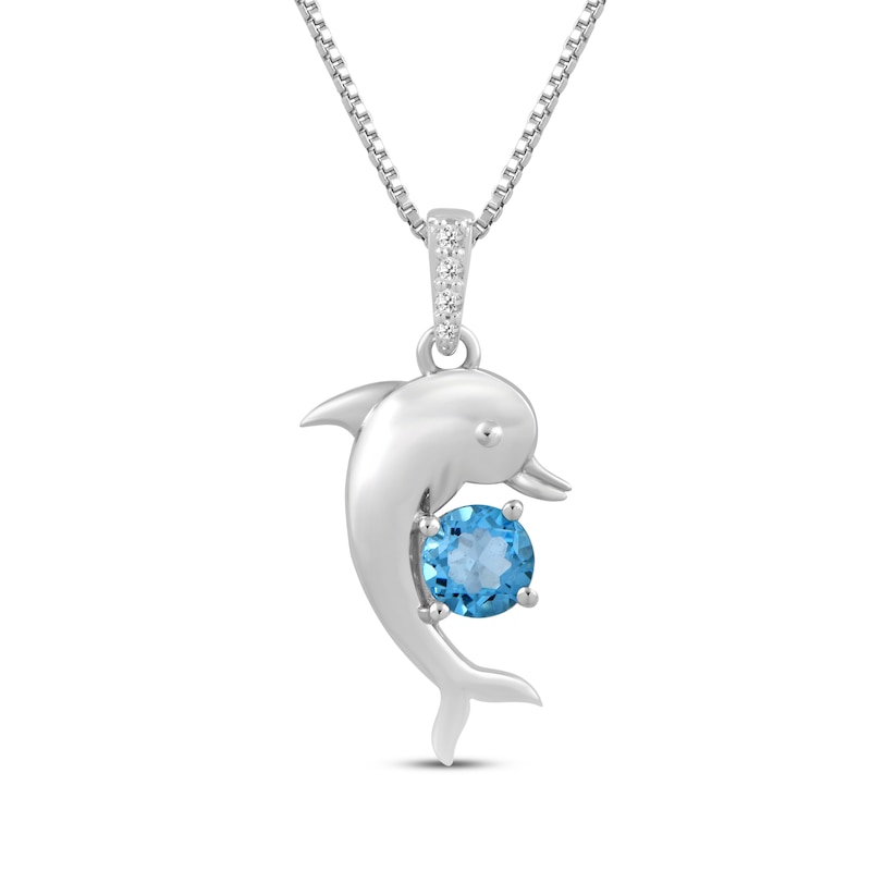 Main Image 1 of Swiss Blue Topaz & White Lab-Created Sapphire Dolphin Necklace Sterling Silver 18"