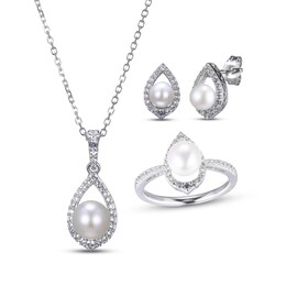 Cultured Pearl & Round-Cut White Lab-Created Sapphire Stud Earrings, Necklace & Ring Gift Set Sterling Silver 18&quot;