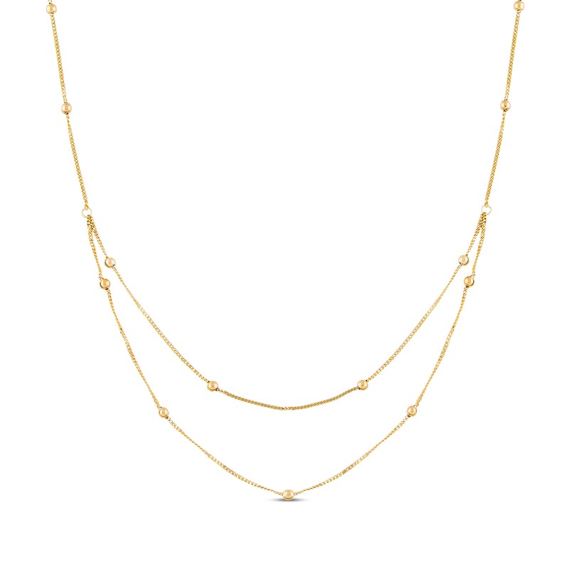 Layered Bead Curb Chain Necklace 14K Yellow Gold 17"