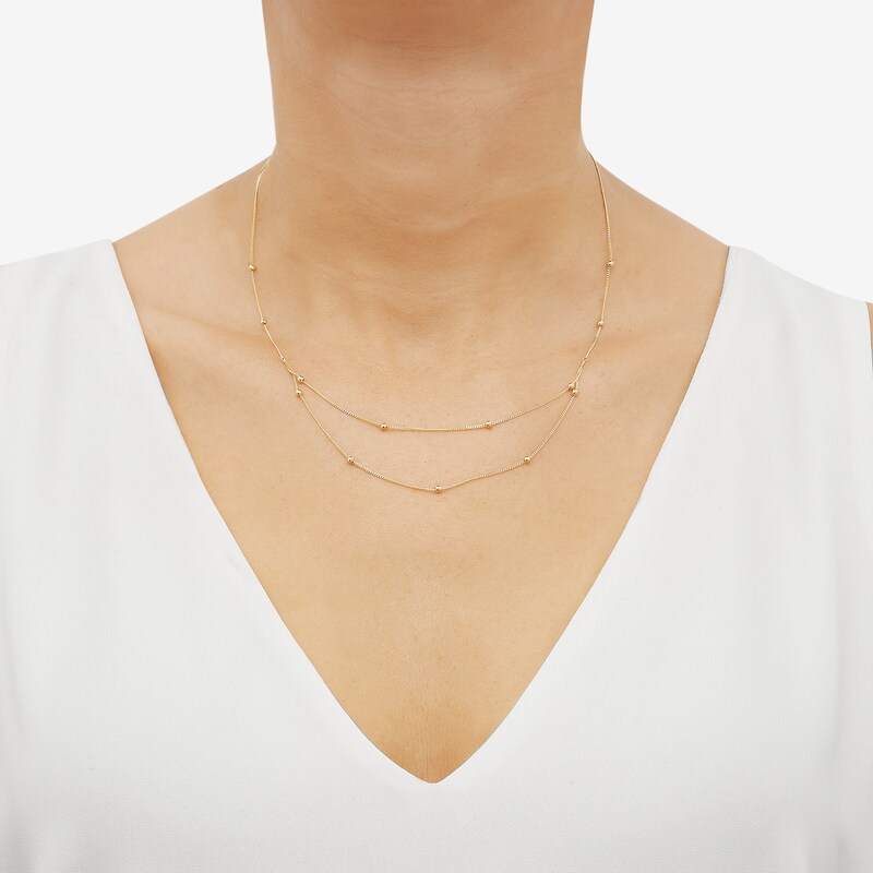 Layered Bead Curb Chain Necklace 14K Yellow Gold 17"