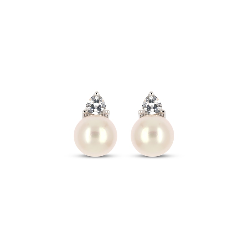 Main Image 2 of Cultured Pearl & Trillion-Cut White Lab-Created Sapphire Stud Earrings Sterling Silver