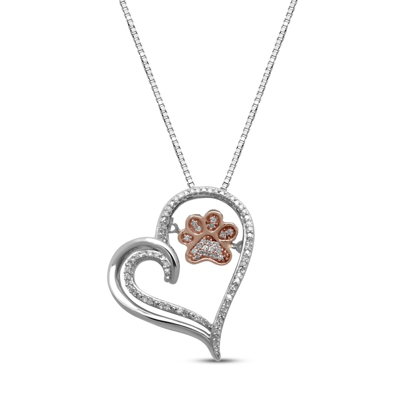 Main Image 1 of Diamond Tilted Heart Paw Print Necklace 1/10 ct tw Sterling Silver & 10K Rose Gold