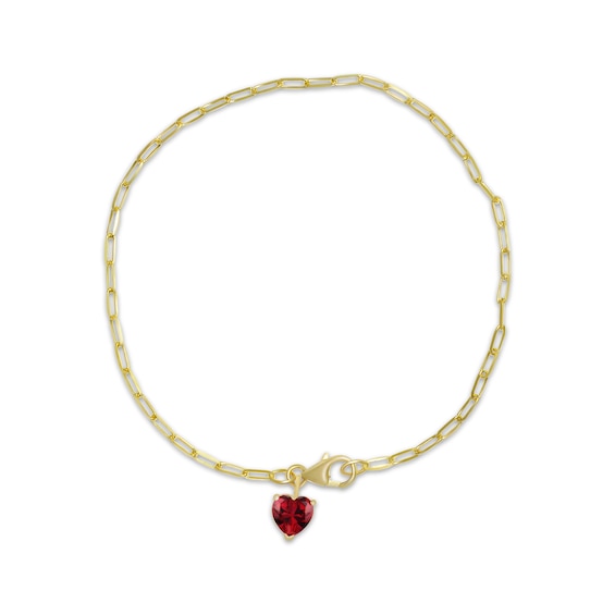 Heart-Shaped Lab-Created Ruby Paperclip Chain Bracelet 10K Yellow Gold 7.5"