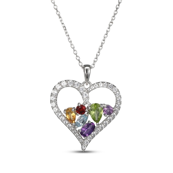 Citrine, Garnet, Amethyst, Peridot, Sky Blue Topaz & White Lab-Created Sapphire Heart Necklace Sterling Silver 18"