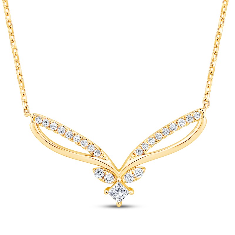Main Image 1 of Princess & Round-Cut Diamond Chevron Necklace 1/4 ct tw 10K Yellow Gold 19"