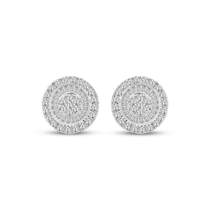 Main Image 2 of Baguette & Round-Cut Multi-Diamond Circle Halo Stud Earrings 3/4 ct tw 10K White Gold