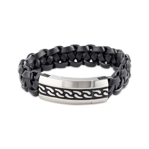 Men's Black Leather Bracelet Stainless Steel 8.5"