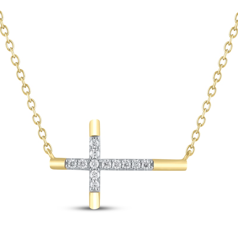 Main Image 1 of Diamond Sideways Cross Necklace 1/15 ct tw 10K Yellow Gold 18"