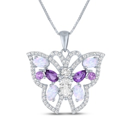 Amethyst, Lab-Created Opal & White Lab-Created Sapphire Butterfly Necklace Sterling Silver 18"