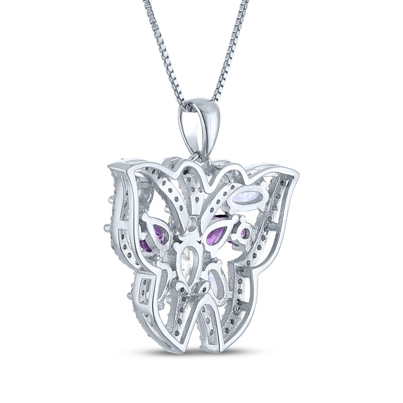Main Image 3 of Amethyst, Lab-Created Opal & White Lab-Created Sapphire Butterfly Necklace Sterling Silver 18"