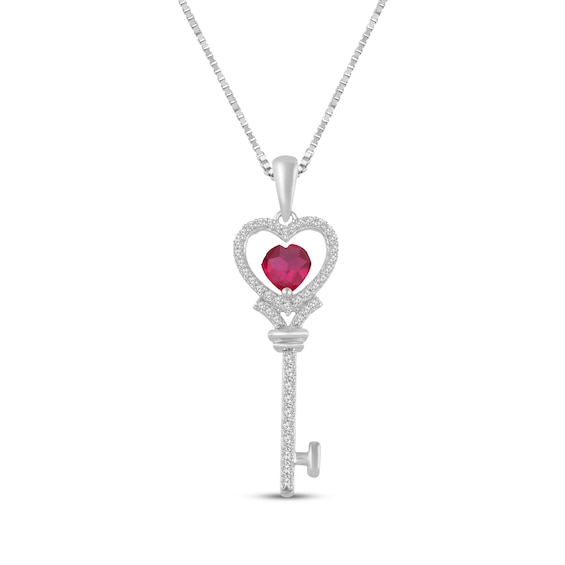 Heart-Shaped Lab-Created Ruby & White Lab-Created Sapphire Key Necklace Sterling Silver 18"