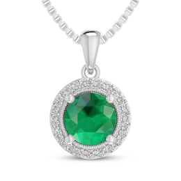 Lab-Created Emerald & White Lab-Created Sapphire Halo Necklace Sterling Silver 18"