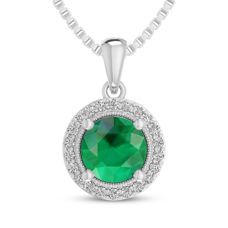 Main Image 1 of Lab-Created Emerald & White Lab-Created Sapphire Halo Necklace Sterling Silver 18"