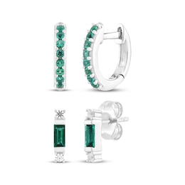 Lab-Created Emerald & White Lab-Created Sapphire Earrings Set Sterling Silver