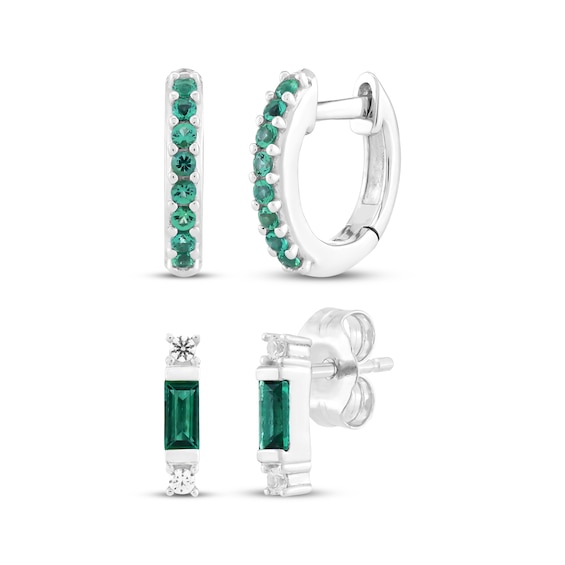 Lab-Created Emerald & White Lab-Created Sapphire Earrings Set Sterling Silver