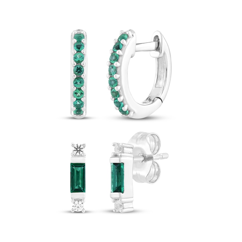 Main Image 1 of Lab-Created Emerald & White Lab-Created Sapphire Earrings Set Sterling Silver