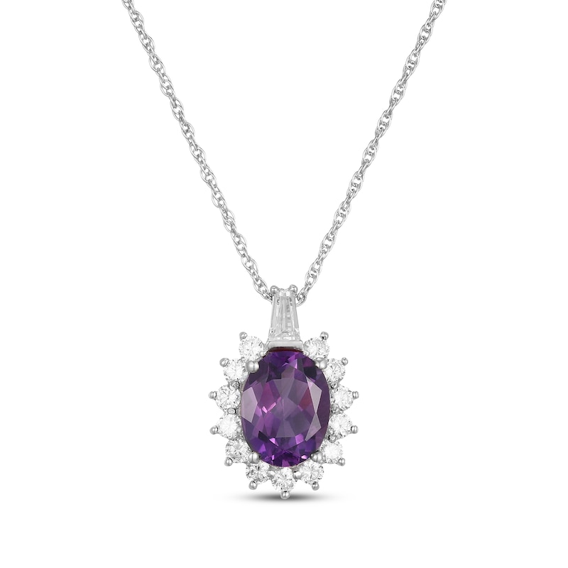 Main Image 1 of Oval-Cut Amethyst & White Lab-Created Sapphire Starburst Frame Necklace Sterling Silver 18"